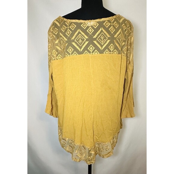 Corvia Gold Yellow Embroidered Semi Sheer Bell Sleeve Boho Blouse Women's 2X - Picture 3 of 12
